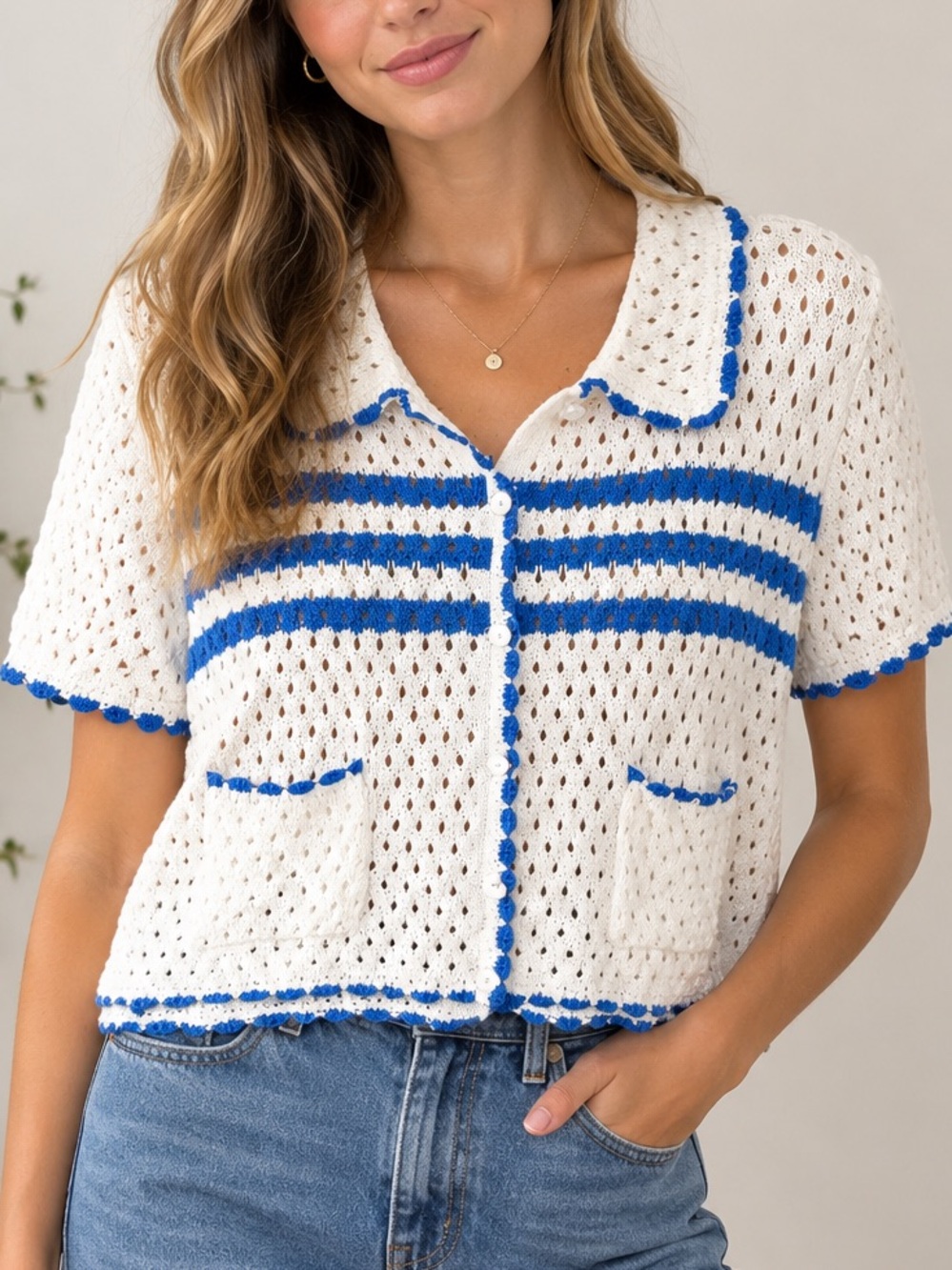 White Knit Button-Front Top with Blue Stripe Detail